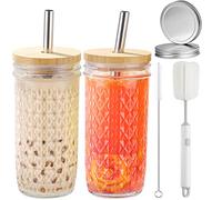 CJWLKJ 2-Pack 24oz Glass Cups Tumbler with Lids and Straws, Reusable Boba Bubble Tea Cups, Mason Jar Drinking Glasses Iced Coffee Cup for Long Drinks, Water, Cocktail, Whiskey, Soda, Gift