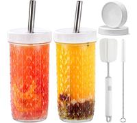 CJWLKJ 2 Pack Glass Cups Tumbler with Lids and Straws & 2 Airtight Lids, Reusable Boba Bubble Tea Cups, 24 Oz Diamond Texture Wide Mouth Mason Jar Cup Iced Coffee Cup, Smoothie Cups