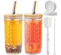 CJWLKJ 2 Pack Glass Tumbler Cups with Bamboo Lids and Straws, 24oz Boba Bubble Tea Cups with 2 Airtight Lids Iced Coffee Cup, Reusable Diamond Mason Jar Drinking Glasses for Smoothie, Juice, Gift