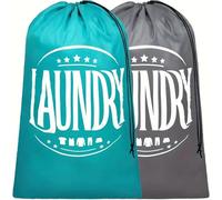 CJWLKJ 2-Pack XL Travel Laundry Bag, Machine Washable Dirty Clothes Organizer with Drawstring, Large Enough to Hold 4 Loads of Laundry, Easy Fit a Laundry Hamper or Basket 24" x 36"(Grey+Blue)