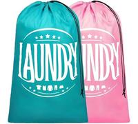 CJWLKJ 2-Pack XL Travel Laundry Bag, Machine Washable Dirty Clothes Organizer with Drawstring, Large Enough to Hold 4 Loads of Laundry, Easy Fit a Laundry Hamper or Basket 24" x 36"(Blue+Pink)