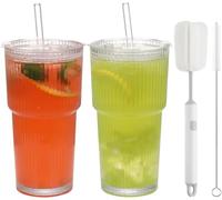 CJWLKJ 2 Pcs 20oz Ribbed Glass Tumblers with Lids and Glass Straws - Leakproof Glass Cups, Ribbed Mason Jar Drinking Glasses, Coffee Glasses, Iced Coffee Cup, Glass Tumbler for Cocktail, Tea, Smoothie