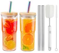 CJWLKJ 2 Pcs Glass Cups Set, 22 Oz Reusable Boba Bubble Tea Cups with Bamboo Lids and Straws, Wide Mouth Mason Jar Drinking Glasses Iced Coffee Cup Glass Tumbler Bottle for Smoothie, Juice, Gift