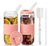 CJWLKJ 20oz Can Shaped Glass Cups Tumbler with Silicone Lids and Glass Straws, 2PCS Drinking Glasses with Lids and Straws, and Silicone Sleeves, Beer Glasses, Iced Coffee Cups, Soda, Gift - Pink