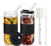 CJWLKJ 20oz Can Shaped Glass Cups Tumbler with Silicone Lids and Straws, 2PCS Drinking Glasses with Lids and Straws, and Silicone Sleeves, Beer Glasses, Iced Coffee Cups, Soda, Gift - Black