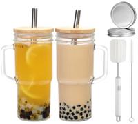 CJWLKJ 24oz 2-Pack Glass Cups with Lids and Straws, Glass Tumbler with Handle, Reusable Glass Ice Coffee Cups for Smoothies, Tea, Juice, Boba Cup for Cold & Hot Drinks, Travel Cup