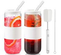 CJWLKJ 24oz Can Shaped Glass Cups Tumbler with Silicone Lids and Glass Straws, 2PCS Drinking Glasses with Lids and Straws, and Silicone Sleeves, Beer Glasses, Iced Coffee Cups, Soda, Gift - White