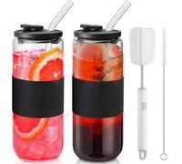 CJWLKJ 24oz Can Shaped Glass Cups Tumbler with Silicone Lids and Glass Straws, 2PCS Drinking Glasses with Lids and Straws, and Silicone Sleeves, Beer Glasses, Iced Coffee Cups, Soda, Gift - Black