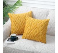 CJWLKJ 2Pcs Faux Fur Cushion Covers 18x18 - Soft Plush Decorative Throw Pillow Covers - Short Wool Velvet Couch Sofa Pillow Cases for Living Room - with 3D Diamond Pattern (Mustard Yellow)