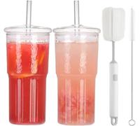 CJWLKJ 2Pcs Glass Cups with Lids and Straws, 22oz Glass Cups Drinking Jars, Reusable Smoothie Cup Mason Jar Drinking Glasses, Clear Iced Coffee Cups, Vintage Glass Tumbler for Water Coffee Tea