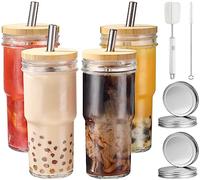 CJWLKJ 4 Pcs 24 Oz Glass Cups Tumbler with Lids and Straws & 4 Airtight Lids, Reusable Boba Bubble Tea Cups, Wide Mouth Mason Jar Drinking Glasses Iced Coffee Cups for Smoothie, Gift