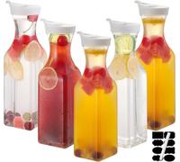 CJWLKJ 5 Pcs 1L / 32 Oz Plastic Water Carafe Pitcher with Flip Top Lid, Square Base Juice Containers, Mimosa Bar Supplies Pitcher for Drinks, Water, Tea, Juice, Milk, Lemonade and Other Beverages