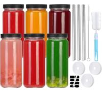 CJWLKJ 6 Pack Glass Juice Bottles with 3 Straws & 3 Lids w Hole- 16 OZ Travel Drinking Jars, Water Cups with Black Airtight Lids, Reusable Tall Mason Jar for Juice, Bubble Tea, Smoothie, Tea