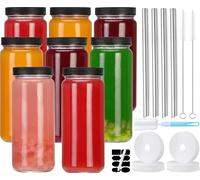 CJWLKJ 8 Pack Glass Juice Bottles with 4 Straws & 4 Lids w Hole- 16 OZ Travel Drinking Jars, Water Cups with Black Airtight Lids, Reusable Tall Mason Jar for Juice, Bubble Tea, Smoothie, Tea
