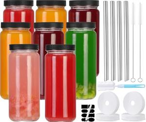 CJWLKJ 8 Pack Glass Juice Bottles with 4 Straws & 4 Lids w Hole- 16 OZ Travel Drinking Jars, Water Cups with Black Airtight Lids, Reusable Tall Mason Jar for Juice, Bubble Tea, Smoothie, Tea