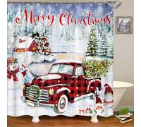 CJWLKJ Merry Christmas Shower Curtains for Bathroom 72 x 72 Red Buffalo Plaid Vintage Truck Tree Winter Snow Snowman Rustic Retro Farmhouse Bathroom Decor