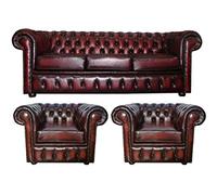 CK Chesterfield Genuine Leather 3 Seater Sofa and Club Chairs Set (Oxblood Red)