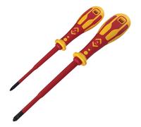 C.K Dextro VDE Slim Pozidriv Screwdriver PZ1 x 100mm Thin, Insulated Screwdrivers for Electricians, for Recessed Screws, 10,000v Tested, Pozi Heavy Duty Screw Driver Electrician, Hand Tools, T49243-1