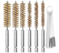 CKANDAY 6 Pieces Brass Bore Brush in Different Sizes + 15 Pcs Cleaning Needles Nylon Brushes Tools, Twisted Wire Brush with Handle 1/4 Inch Hex Shank Attachment Drill Set for Tubes Ports Bearings