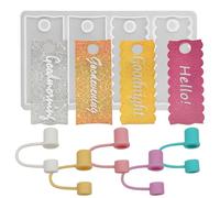 CKANDAY Name Plate Resin Molds for Stanley Cup Lid, with 5 Pcs Silicone Straw Covers, 4 Cavities Name Tag Molds for Resin Casting, DIY Personalized Custom Name Plates for Stanley 40oz and 30oz
