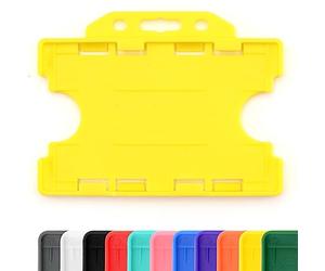 CKB LTD 100x Twin Yellow Double Sided Rigid Slide in Open Faced ID Card Badge Holders Horizontal Landscape Dual Identity Plastic Pass Protector - Holds Two Cards 86mm 54mm cr80 Credit Card Sized
