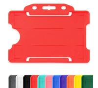 CKB LTD 10x Red Single Sided Rigid Slide in Open Faced ID Card Badge Holders Horizontal/Landscape Identity Plastic Pass Protector - Holds a 86mm 54mm cr80 Credit Card Sized