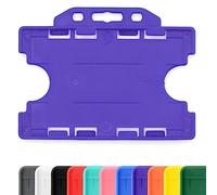 CKB LTD 10x Twin Double Sided Rigid Slide in Open Faced ID Card Badge Holders Horizontal Landscape Dual Identity Plastic Pass Protector - Holds Two Cards 86mm 54mm cr80 Credit Card Sized (Purple)