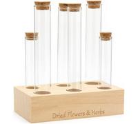 Ckb Ltd 6Pc Glass Test Tube Set For Dried Flowers/herbs Wooden Display Stand Rack With Cork Stoppers Tabletop Home Decoration Kit