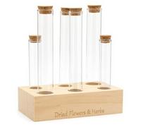 CKB LTD 6pc Glass Test Tube Set for Dried Flowers & Herbs - Wooden Display Stand Rack with Cork Stoppers Tabletop Home Decoration Kit