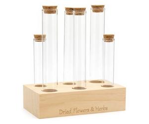 CKB LTD 6pc Glass Test Tube Set for Dried Flowers & Herbs - Wooden Display Stand Rack with Cork Stoppers Tabletop Home Decoration Kit