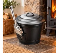 CKB LTD Ash Bucket with Lid and Shovel, Metal Carrier for Fireplace,12L | Galvanised Steel Coal Buckets, Wood Burning Stove Fire Side Accessories Set, Universal Fireside and Grill Storage Holder