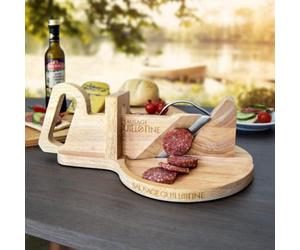 CKB Ltd Double Bladed Stainless Steel Sausage Cheese Vegetable Guillotine On A Durable Rubber Tree Wood Base
