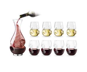 CKB LTD Final Touch Conundrum Bonus Drinking Set - Aerator Decanter (750ml, Transparent) & 4 Red (473ml) & 4 White (266ml) Wine Glasses - Gift Boxed Set