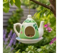 Ckb Ltd Green Flower Design Ceramic Teapot Bird Feeders Hanging Station For Garden Small Birds