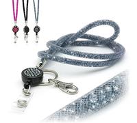 CKB LTD Grey Sparkle Lanyard Rhinestone Silver Glitter Crystal Gems Neck Strap with Swivel Metal Clip and Sparkly Bling Retractable reel ID Badge Holder Clip 1pc