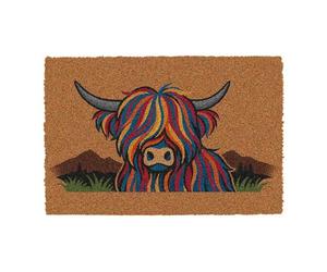 CKB LTD Highland Cow Colourful Themed Novelty Doormat Unique Joke Doormats Front Back Door Mats Made with a Non-slip PVC Backing, Natural Coir, Indoor Outdoor Size 60 x 40cm
