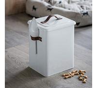 CKB LTD Medium Pet Food Storage Tin with Scoop Holds Dog Cat Animal Treats Metal Food Tin Box Bin Sealed Lid - Leather Handle - Made from Chalk-coloured Steel 7kg: H34 x W25 x D19cm