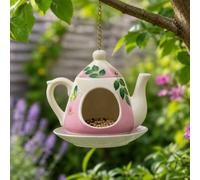 Ckb Ltd Pink Flower Design Ceramic Teapot Bird Feeders Hanging Station For Garden Small Birds