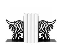 CKB LTD Set of 2 Highland Cow Bookends, Cute 3D Book Ends Black | Heavy Duty Metal Bookshelf Holders for Shelves
