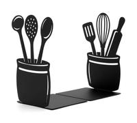 CKB LTD Set of 2 Kitchen Utensils Bookends Kitchen Cookbook Tidy Book Ends | Heavy Duty Metal Bookshelf Holders for Shelves Black
