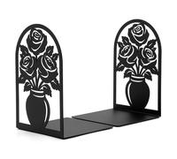 CKB LTD Set of 2 Rose Flowers Bookends, Gardening Book Tidy Book Ends | Heavy Duty Metal Bookshelf Holders for Shelves Black