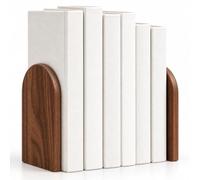 CKB LTD Set of 2 Walnut Wood Bookends, Solid Wooden heavy Book Ends | Featuring smooth, rounded arch panels and slim powder-coated metal bases. Bookshelf Books Holders for Shelves