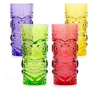 CKB LTD Set of 4 Coloured Tiki Cocktail Glasses 450ml Hawaiian Tumblers | Colourful embossed Hawaiian tiki tumblers for cocktails, mocktails and home bars. Dishwasher safe