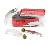 CKB LTD Shrimp Prawn Snack Fork Set in Tin - Set of 6 Stainless Steel Food Forks for Tapas, Olives & Escargot - Retro Crevettes Tin Gift - Cocktail Picks for Seafood, Appetisers Party Serving