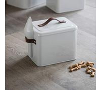 CKB LTD Small Pet Food Storage Tin with Scoop Holds Dog Cat Animal Treats Metal Food Tin Box Bin Sealed Lid - Leather Handle - Made from Chalk-coloured Steel 3.5kg H25 x W24 x D19cm
