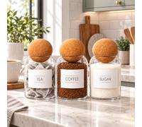 CKB LTD Tea Coffee Sugar Canisters Set of 3 Glass 500ml Kitchen Jars | Unique Cork Ball Lids with Labels, Airtight Storage Worktop Organiser, Countertop & Multi-Purpose Home Organisation