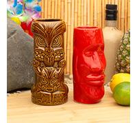 CKB LTD Tiki Ceramic Beakers Set of 2 Coloured Glasses Mugs Large Tall Tumblers Ceramic Cocktail Glasses Ideal for Hawaiian Luau Party Beakers Decorative Cups Drinkware (Brown and Red)