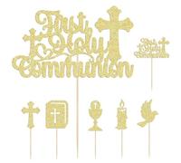 CKCSHI 13Pcs Gold Glitter First Communion Cupcake Toppers - God Bless Dove Cross Cupcake Picks for Christian First Communion Baptism Party Cake Decorations