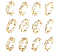 CKDSA 12PCS Adjustable Gold Plated Toe Open Rings for Women Girls Halloween Christmas Stackable Finger Jewellery Gold Knuckle Rings Floral Heart Arrow Patterns Beach Foot Jewelry Birthday for Ladies