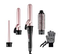 CkeyiN 4 in 1 Curling Wand Set, Multifunction Hair Curler Set 1 Curling Brush and 3 Interchangeable Ceramic Barrel, Dual Voltage 30s Fast Heating with Heat Resistant Glove for Long/Short All Hairstyle